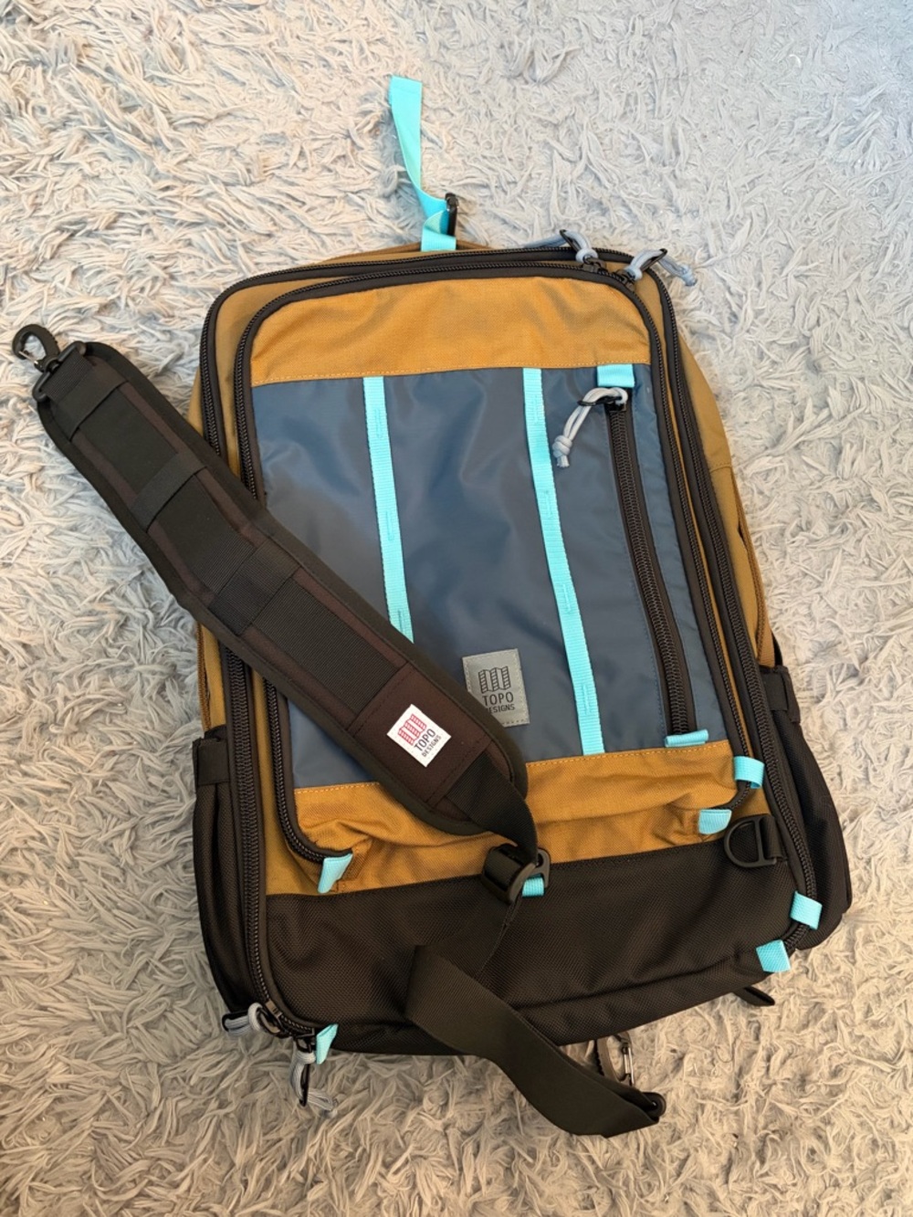 Topo Designs Mustard, Slate or tan and blue 40L backpack